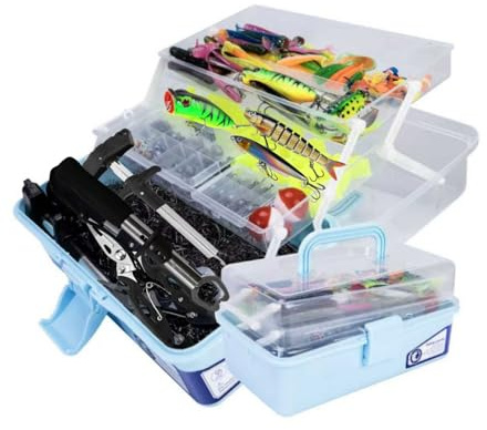 Stor fiskeredskap i 3 lager med tackel ingår, 450 st fiskedrag kit - innehåller tång, vevbete, krokar, drag, vikter och tillbehör, sötvattensbas fiskeutrustning för män