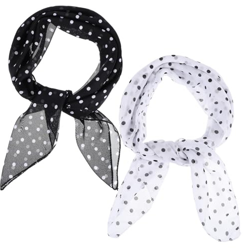 FdcZeyxior Polka Dot Headband for Women, 2 Pieces Chiffon Scarf Polka Dot Scarf Vintage Bandana Headband Retro Neck Scarves 1950s Accessories for Women Girls, Black+White