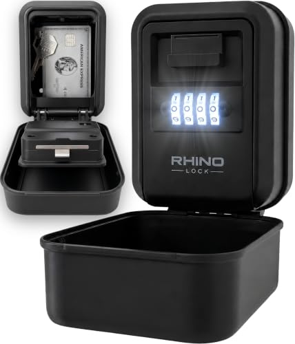 Rhino Lock Illuminated Key Safe Outdoor – Wall Mounted Key Box with Light Up 4 Digit Combination Dial, Weatherproof Cover, Key Lock Box for House Keys, Home, Airbnb & Carers (Black)