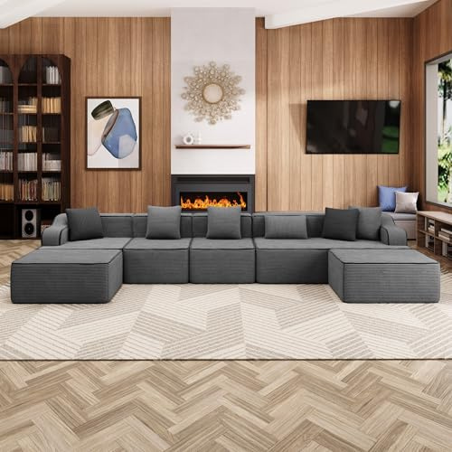 ALPHA HOME Ecksofa mit Schlaffunktion, U-Form 7 Sitzer Boneless Couch | Modulares Sofa mit 6 Zierkissen für das Wohnzimmer, Montagefrei, Cord, Grau