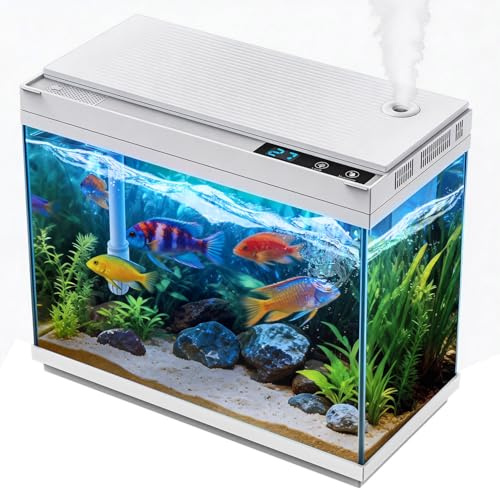 Smart Aquarium Fish Tank with Silent Water Pump, 2.4 Gallon Small Aquarium with Quick Start Kit, Temperature Display, Humidifier and RGB Lights, Perfect for Home, Office, and Decor, White