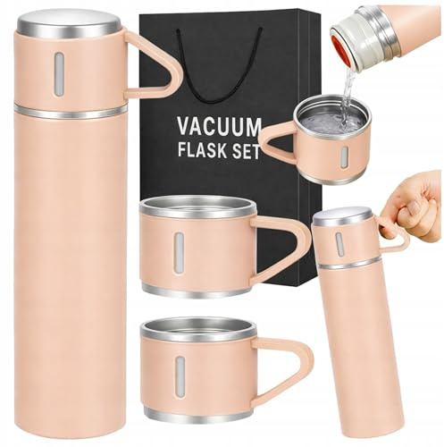 Termo con 3 Vasos de Acero Inoxidable, Idea de Regalo Original para Hombre y Mujer, Botella Térmica para Café y Té, Termo de Viaje Portátil 400 ml. Rosa