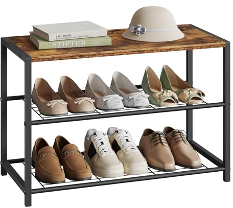 WOLTU Scarpiera da Ingresso Panca Scarpiera a 2 Ripiani per 6 Scarpe, Porta Scarpe Scaffale con Seduta in Legno e Metallo