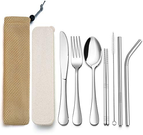 TEAMFAR Campingbesteck, 9-teilig Outdoor Reisebesteck Wanderbesteck aus Edelstahl, Picknick Besteck Set mit Messer Gabel Löffel, Essstäbchen, Metallstrohhalme, Reinigungsbürste, Tragbar Etui & Tasche