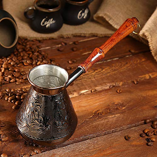 Cafetera de cobre de 481.9 g con grabado en árabe griego turco con mango de madera