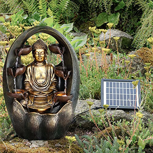 GEEZY Solar Water Features for the Garden – Outdoor Golden Buddha Fountain with LED Lights – Solar Powered, Self-Contained – Easy Setup, Relaxing & Cascading – Ideal for Garden, Patio & Balcony Decor