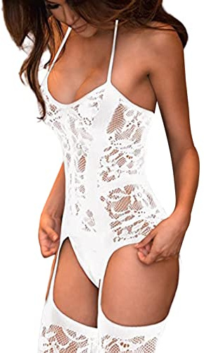 Xnova Babydoll Donna Calza a Rete Body in Pizzo Donna con Collant Integrati Scollo Annodato Una Pezza Lingerie Bodystocking Bodysuit (Bianco)