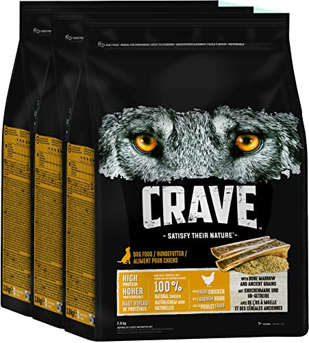 Crave Premium torrfoder kyckling med benmärg och urspannmål för hundar – spannmålsfri vuxen hundmat med hög proteinhalt – 3 x 2,8 kg