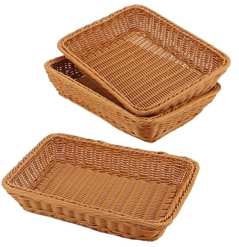 MANCHAP 3 st rektangulära polykorgar, 35 x 25 x 7,5 cm imitation rotting bröd korg, vävd servering fruktförvaringskorg för kök