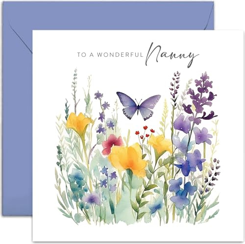 Old English Co. Geburtstagskarte für Kindermädchen, englische Aufschrift Well Done für wundervolle Nanny, Blumen-Schmetterlings-Dankeskarte für sie, Geburtstagskarten für Frauen, weiblicher