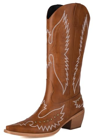 NeelyRisey Damen Klassische Cowboystiefel Pull on Bestickte Cowgirl Stiefel Mittelhoher Absatzs Schwarz Westernstiefel Nieten Cowgirl Stiefel Mid Calf Braun 37