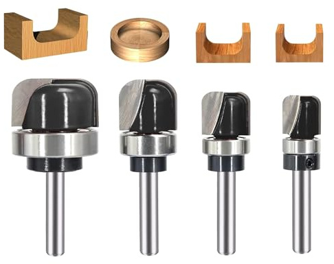 SICWOOD 4PCS Bowl & Tray Template Router Bit Set 1/4 Inch Shank, Cove Juice Groove Router Bit, Carbide Tipped Circle Round Nose Cutting, Ideal for Making Wood Bowls, Trays, Boxes, Board Troughs