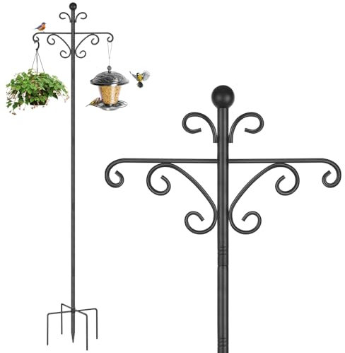 Bird Feeders Hanging Station, 196cm Bird Feeder Poles, Free Standing Feeding Station Stand for Garden, Heavy Duty Metal Double Shepherds Hooks Crooks for Solar Lights,Baskets, Black, 1 Pack