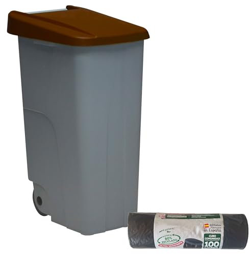 WELL HOME MOBILIARIO & DECORACIÓN Contenedor Cerrado 85L Marrón H.76cm + Rollo 10 bolsas de basura 100L