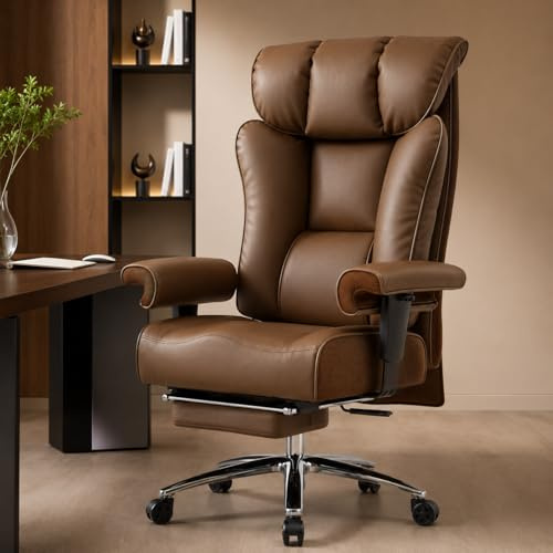 Efomao skrivbordsstol, ergonomisk kontorsstol med justerbart nackstöd och ländryggsstöd, datorstol med PU-läderrygg för hemmakontor eller gaming (3060EU-BROWN2)