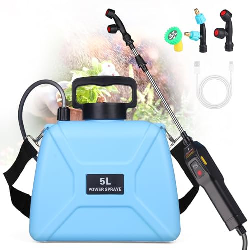 Spruzzatore Elettrico a Batteria 5L, Nebulizzatore Giardino con 3 Ugelli, Bacchetta Retrattile, Spruzzatore a Pressione Ricaricabile USB con Tracolla, Spruzzatore Elettrica per Prato, Giardino