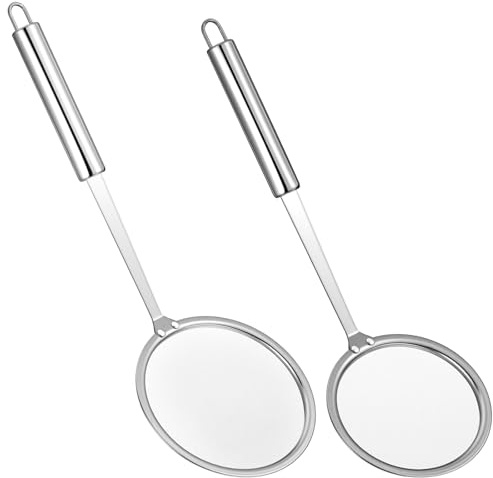 Wanmu 2 Pcs Fat Skimmer Spoon, Stainless Steel Fine Mesh Strainer - Fat Skimmer for Cooking, Food Strainer for Grease, Foam & Oil - (10cm & 12cm)