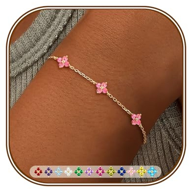FUNEIA Bracelet Femme Chaine Or En Trefle à 4 Feuilles Réglable Bracelet 18k Plaqué Or En Zircon Cubique Fleur Bracelets Personnalisé Fantaisie Bijoux Cadeau Anniversaire Femmes Fille Copine Maman