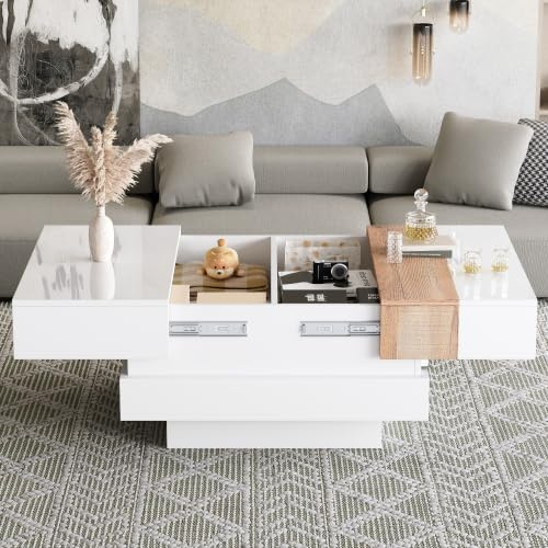 Merax Mesa de centro de alto brillo con mesa extensible y almacenamiento oculto, 70 x 70 x 39 cm, mesa de sofá cuadrada, color blanco + nogal, mesa auxiliar con 2 compartimentos