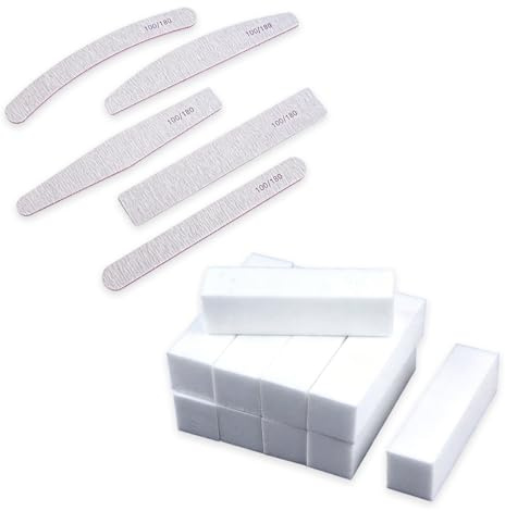 WUMZIRA Lot de 15 Limes à Ongles Professionnelles et Blocs Polissoirs, Kit Manucure Complet avec 5 Limes Épaisses Multi-Formes et 10 Blocs de Polissage Blancs pour Ongles en Gel et Naturels
