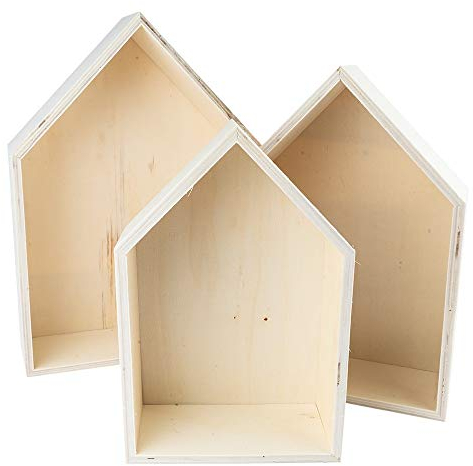 Ideen mit Herz Holzrahmen-Set Haus | 3 Stück | Holzbox in Hausform | Wandregal | Regal | Wanddekoration | zum Basteln und Bemalen | 3 verschiedene Größen | Höhen: 27,3cm, 23,7cm & 20,5cm