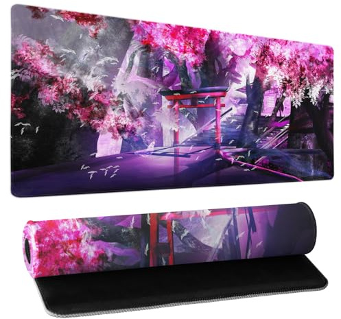 Tapis de souris de jeu Sakura en fleurs de cerisier 80 x 29 cm avec bords cousus – Sous-main de bureau imperméable – Base en caoutchouc antidérapant – Grand tapis de souris de jeu pour ordinateur pour