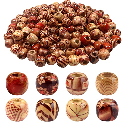 TOAOB 200 Stück Holzperlen12mm Gemalt Holz Perlen mit Großem Loch Verschiedene Muster Perlen Kugeln Spacer Perlen Bastelperlen Gemalt Perlen zum Basteln für Makramee Armband Dreadlocks