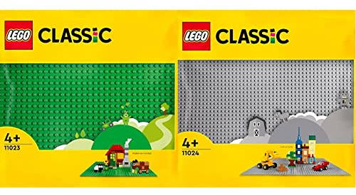 LEGO 11024 Classic Grey Baseplate, 48x48 Stud Building Base, Build and Display Board Set & 11023 Classic Green Baseplate, Square 32x32 Stud Building Base, Build and Display Board Set