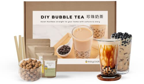 EasyCookAsia Bubble Tea Kit Complet | Thé au Lait au Sucre Brun aux Perles de Tapioca | Thé Boba Authentique de Taïwan | y compris Paille, Sucre Noir, Sucre de Palme