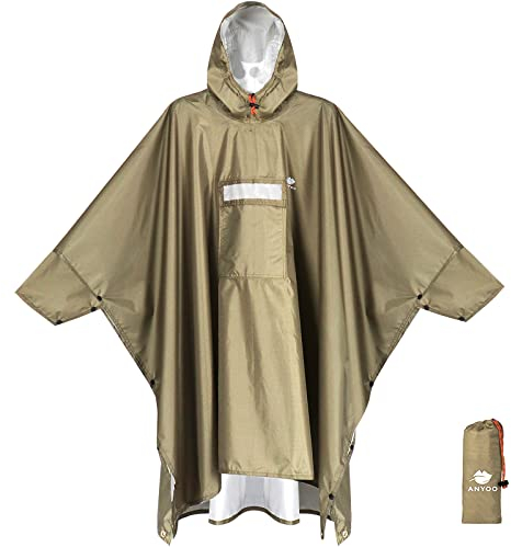 ANYOO Poncho de Pluie Imperméable avec Manches et Poche, Léger et Réutilisable, avec Capuche pour Activités de Plein Air, Kaki, Taille Unique
