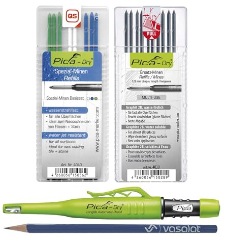 Vasalat Pica - Juego de rotuladores Pica Dry para agujeros profundos + 10 minas de repuesto grafito 2B Multi-uso + 8 minas de repuesto resistentes al agua en azul/blanco/verde