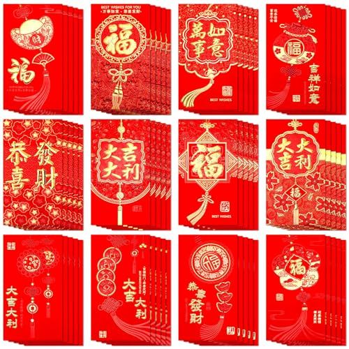 SEPGLITTER Kinesiskt nyår röda kuvert 2025, 54 st de röda kuverten med månens nyår för vårfestival 12 stilar Hong Bao röd ficka lyckopengar kuvert med guld upphöjd folie