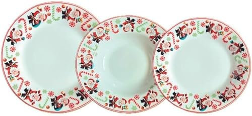 cecarogroup Servizio Di Piatti Da Tavola In Porcellana Bianca Con Decoro Natalizio, 6 Persone, 18 Pezzi, 6 Piani, 6 Fondi, 6 Frutta, Natalizi, Festività, Lavabili In Lavastoviglie, Adatti Al Microonde