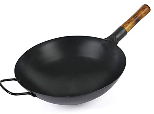 YXUANYZNB Wok in ferro fatto a mano, agitazione asiatica con manico di aiuto, wok a fondo piatto, padella in ferro vecchio stile non rivestita, padella antiaderente per stufa a gas domestica, 36 cm