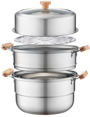Olla vaporera for cocinar, olla de acero inoxidable 304, sartén, con vaporera y tapa de vidrio, for cocina de gas/cocina de inducción(32cm)