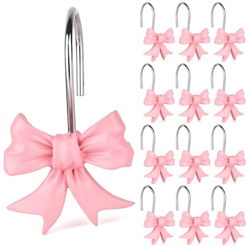 12pcs Bow Knot Shower Curtain Hooks,Home Decorative Shower Curtain Rings for Bathroom,Resin Shower Curtain Hangers Bathroom Accessories (Pink)