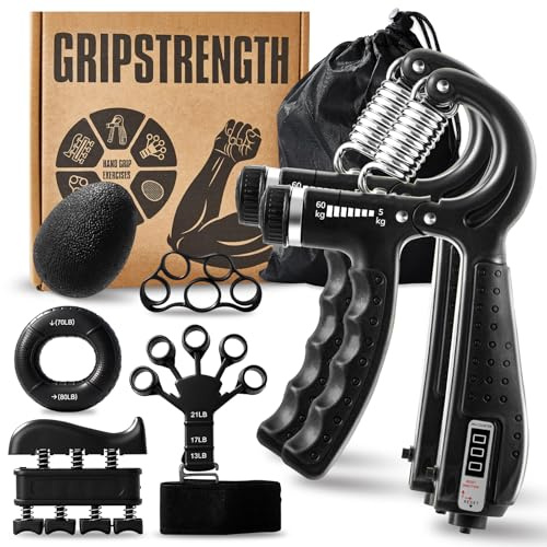 Lot de 7 outils d'entraînement de force pour la préhension, 2 poignées de résistance réglables pour avant-bras, 1 sac de rangement, extenseurs de doigts, anneau de préhension, balle de pressage