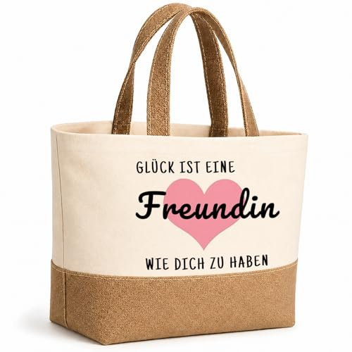 PIujsym Geschenke für Freundin – Baumwoll & Jute Tasche mit Spruch „Glück ist eine Freundin wie dich zu haben“, Beste Freundin Geschenke, Lieblingsmensch Geschenk, Geschenke für Frauen