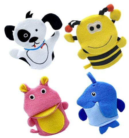 Kinder Cartoon Badehandschuhe 4 Stück-pack aus Composite Cotton | Tierische Form, Kreative Gestaltung, für Bad und Dusche, Handlich und Leicht
