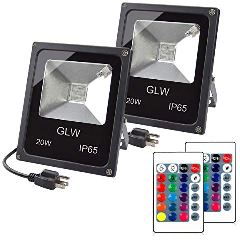 GLW 20W RGB LED Flood Lights Color Changing Floodlight with Remote Control Waterproof Outdoor Landscape Lighting,16 Colors 4 Mode Dimmable Wall Washer Light for Garden,Yard (2 Pack)