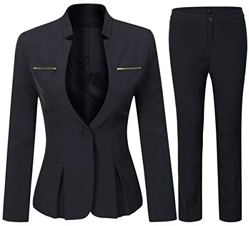 Yynuda - Completo tailleur da donna, 2 pezzi, Slim Fit, Giacca a bottone unico, con gonna o pantalone, da ufficio, Nero 1, M