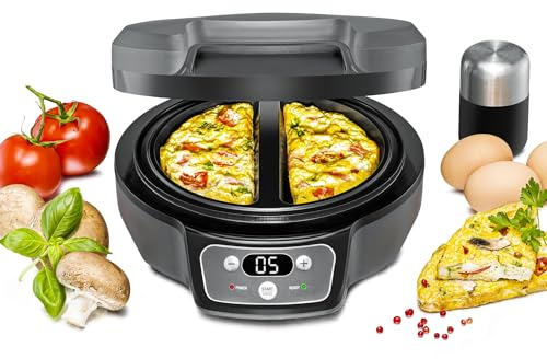 ROMMELSBACHER Omelett Chef OM 950 - Cool Touch Gehäuse, extratiefe Backmulden für 2 Omeletts, Antihaftbeschichtung, 20 Min. Zeitschaltuhr, LED-Display, Kontrolllampen, Überlaufrinne, 950 Watt