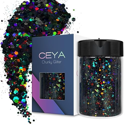 Ceya holografiskt tjockt glitter, 140 g svart hantverk glitterpulver blandade tjocka fina flingor iriserande nagelpaljetter för nagelkonst, hår, epoxiharts, glas, slime, målning, festivaldekor