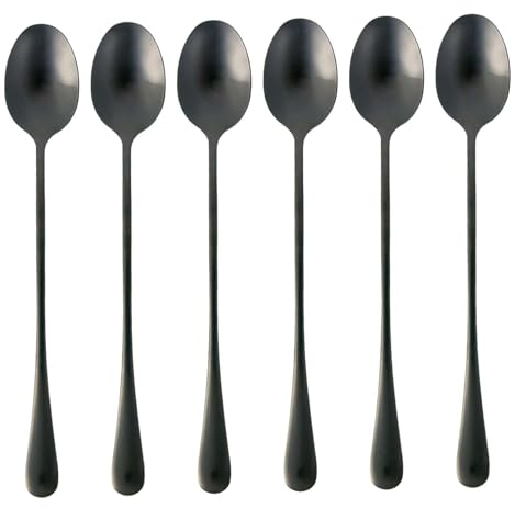 Intirilife Ensemble de 6 cuillères en acier inoxydable en Noir - Longueur de 19 cm - Cuillère à glace avec manche longue, cuillère à dessert pour café Latte Macchiato, cocktails longs