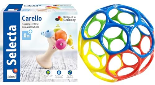 Selecta 61061 Carello, Stielgreifling aus Holz, 12 cm, Mehrfarbig & Bright Starts, Oball Classic, Flexibler und leicht zu handhabender Ball