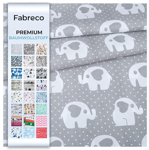 Fabreco - 100% Premium Baumwollstoff Meterware 50x160cm - graue Elefanten mit einem Herz | 220 g/lfm – Weich, langlebig & hautfreundlich | Stoffe Zum Nähen & Dekoration | Stoff Meterware - Fabric