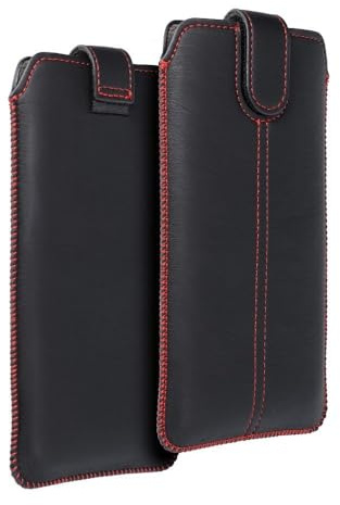 Generisch Universal 6,7 Handytasche Sleeve schwarz-rot Innenmaß 16 x 8 cm | Kompatibel u. a. mit iPhone Air, Samsung Galaxy S25 Plus, S26 Plus, Xiaomi 17T – Soft Case mit Klettverschluss & Auszugband