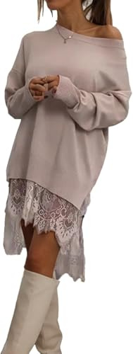 LLECDASEUI Frauen Spitze Patchwork Mini Kleid, Asymmetrisch Saum Schlitz Langer Ärmel Sweatshirt Kleider, Elegant Lässig T Shirt Kurz Kleid (XL,Aprikose)