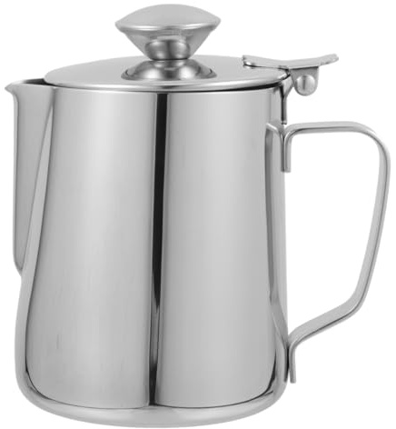 Amosfun Milchkrug aus Edelstahl 350ml mit Deckel Spitz Zulaufender Ausguss Leicht zu Reinigen Komfortabler Griff Geeignet als Milchkännchen für Latte Art und Kaffeezubereitung