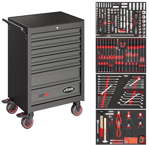 Vigor Werkstattwagen Series M, mit Sortiment, V2379N/210, 210-teilig | Länge 681 mm, Breite 460 mm, Höhe 1016 mm, 83000 g, 210-teilig , 7 Schubladen gesamt, Aufbewahrung von Werkzeug